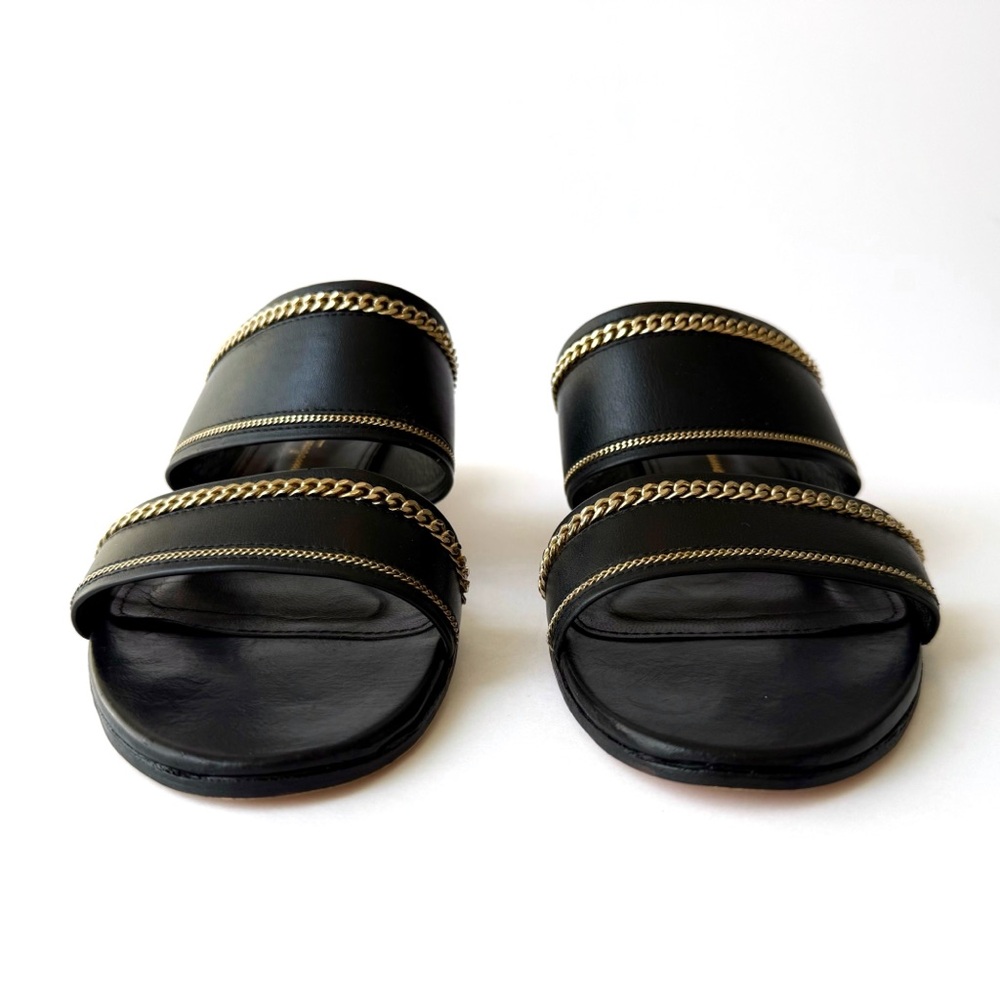 SALVATORE FERRAGAMO BELLUNO BLACK LEATHER
GOLD CHAIN SLIDE SANDAL FLOWER HEELS - Picture 3 of 9
